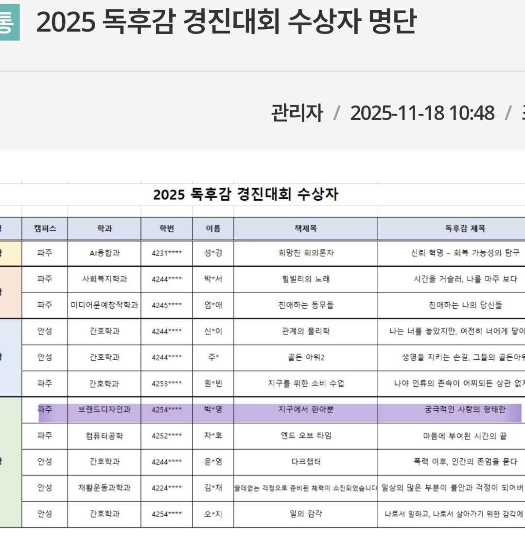교내 공모전 수상소식-브랜드디자인과 1학년 박X영 (축하합니다 ^^) 대표이미지