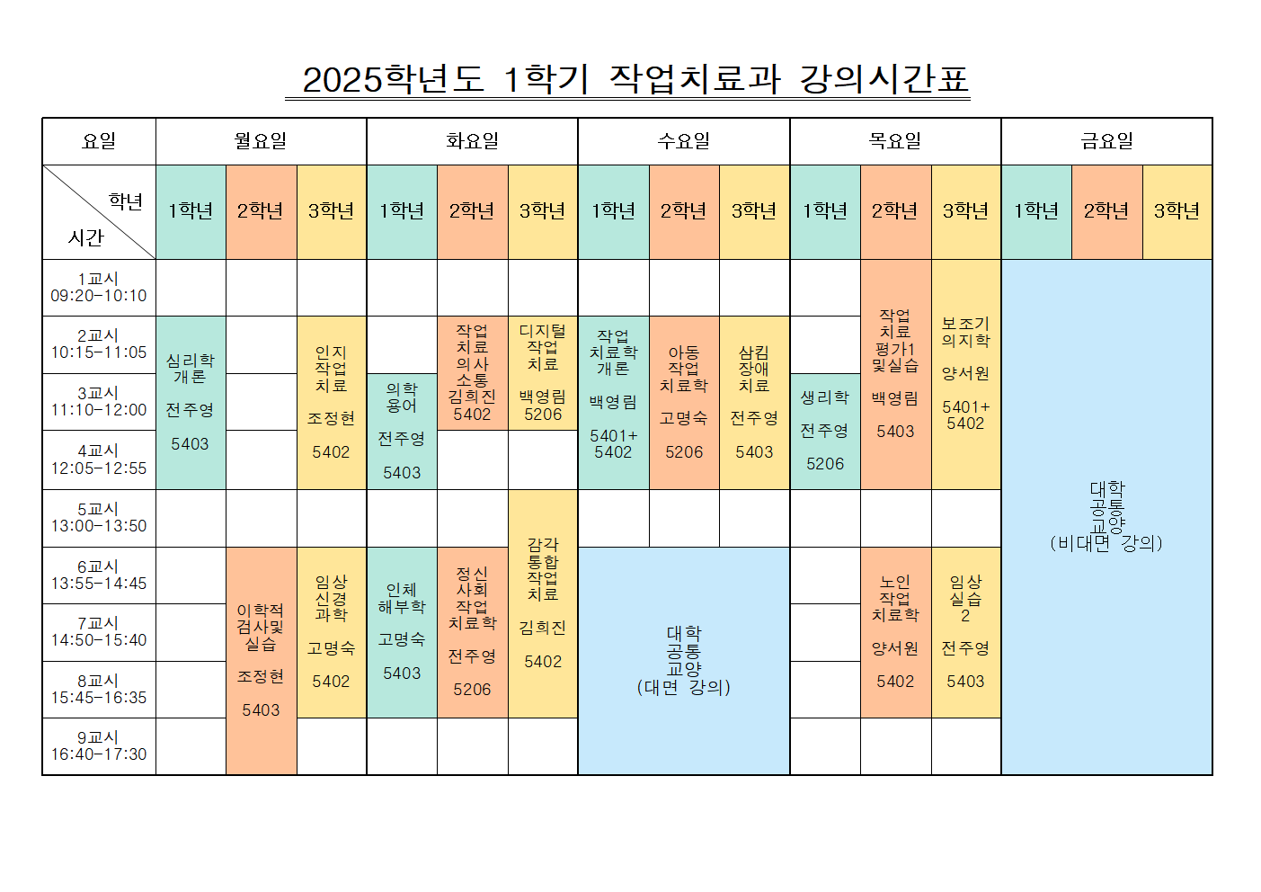 2025-1학기 작업치료과 시간표 첨부 이미지