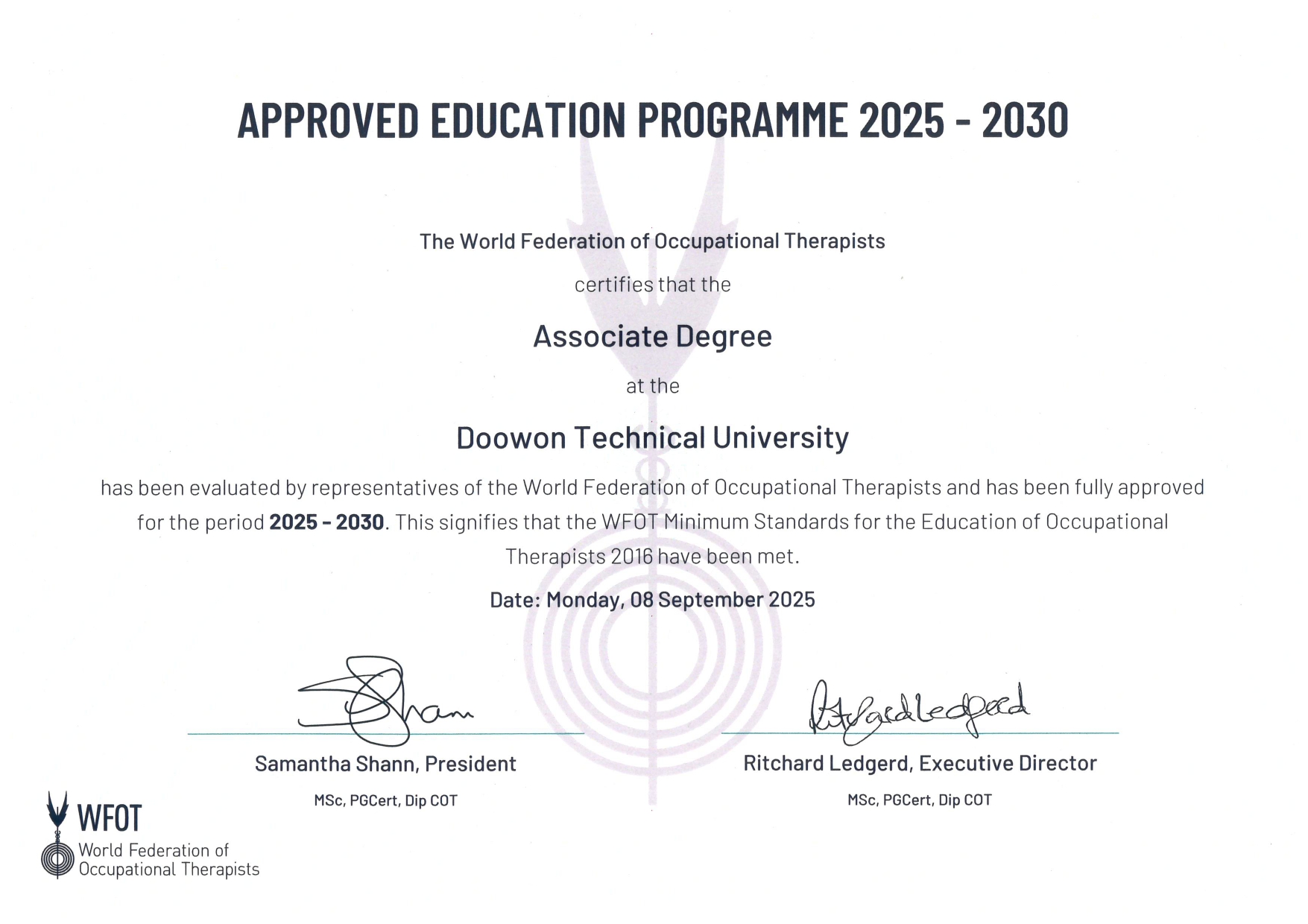 두원공과대학교 작업치료과, 세계작업치료사연맹(WFOT) 교육 기준 재인증(2025～2030) 획득 대표이미지